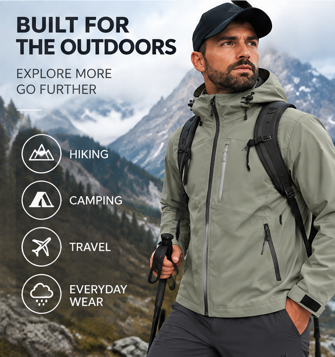 🌧️ 𝑨𝑼𝑳𝑹𝑨𝒀𝑰𝑵® Men’s Waterproof Shell Jacket – Breathable Hooded Outdoor Rain Jacket